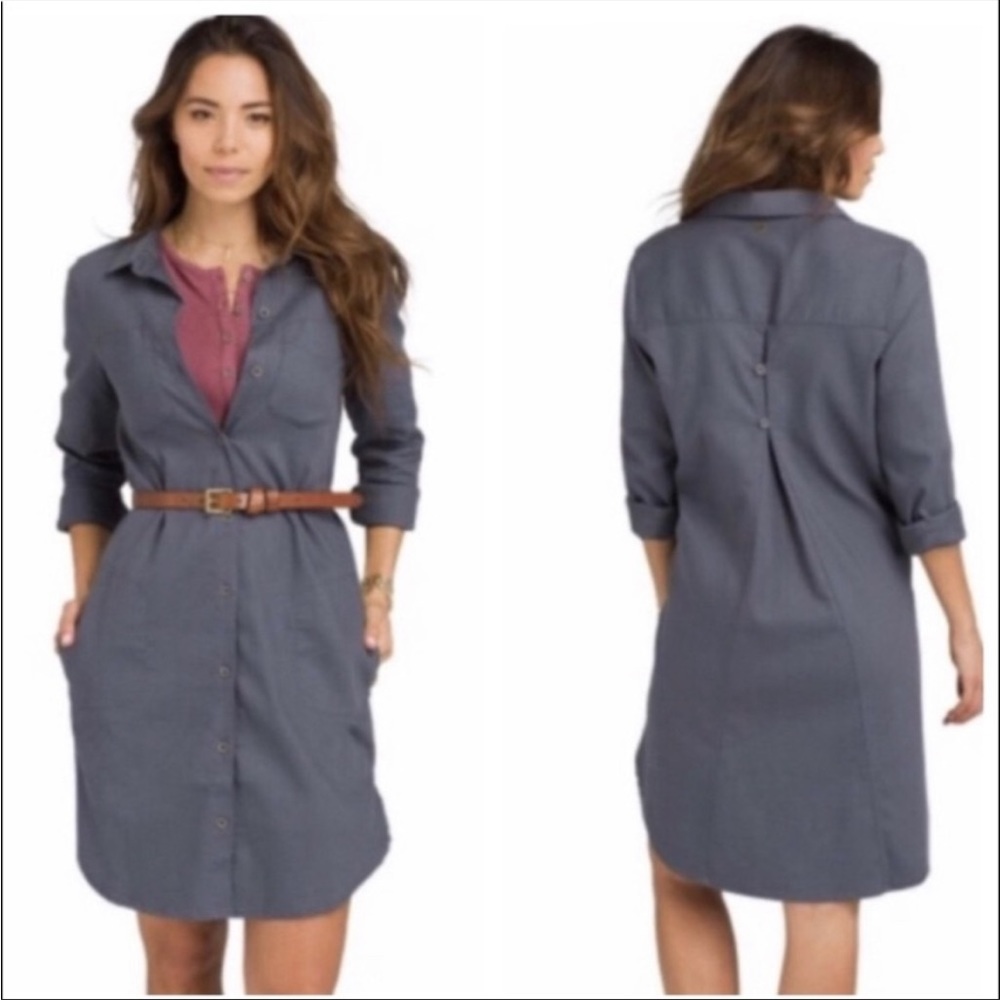 Prana Yarrow Organic Cotton Casual Button Down Shirt Dress  Blue XL NWT